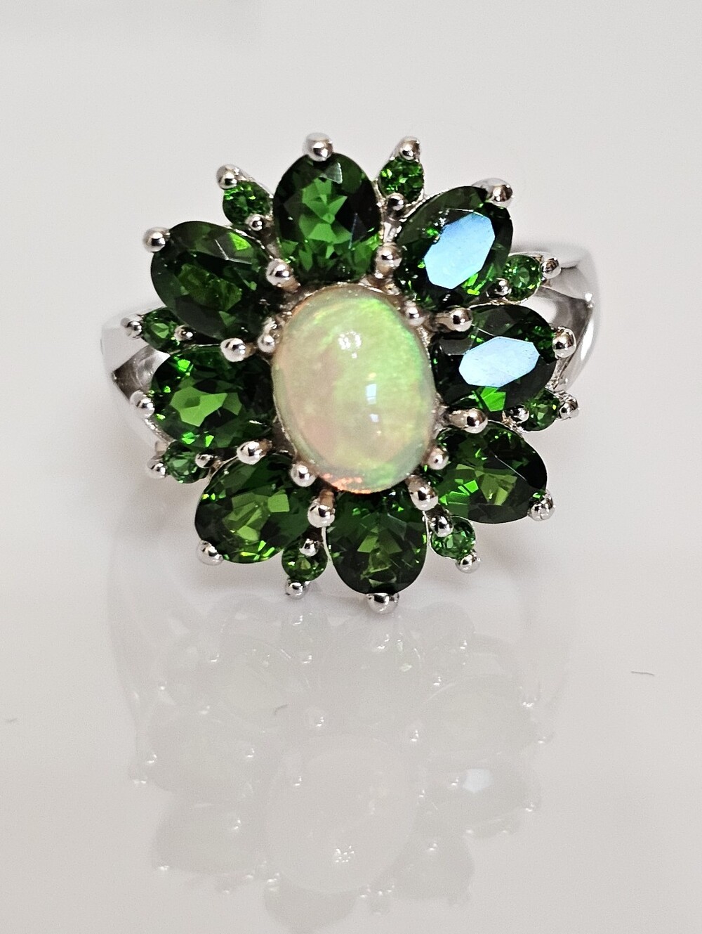 Natural Chrome Diopside & Ethiopian Opal Ring In Floral Design Size 7! NWT